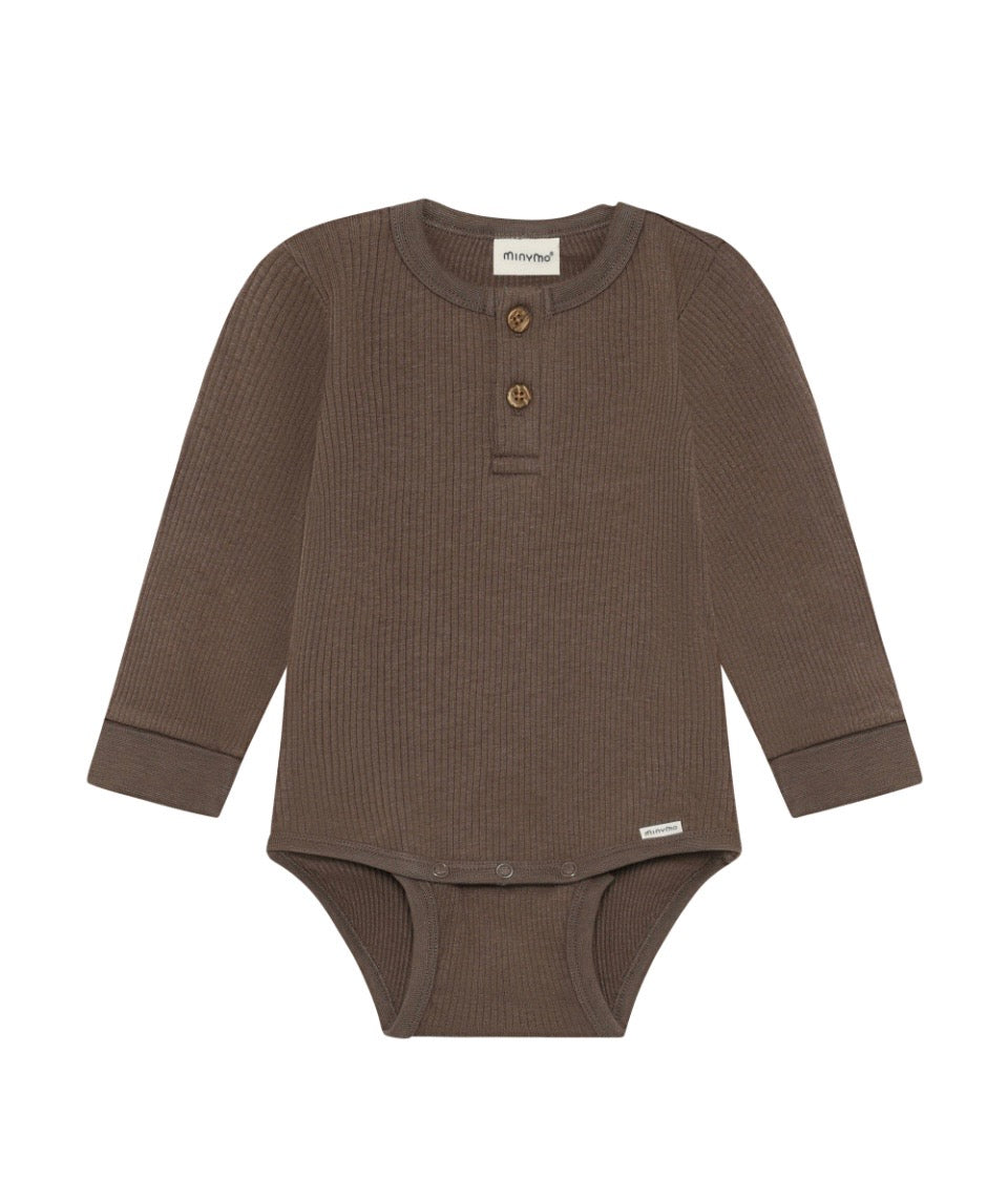 Solid Ribbed Cotton Body Suit Henley Style -Minymo brown