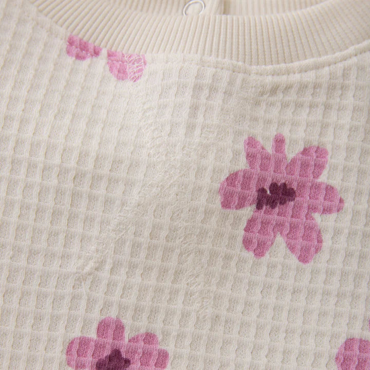 Beige Waffle Sweatshirt with Pink Daisies -Minymo