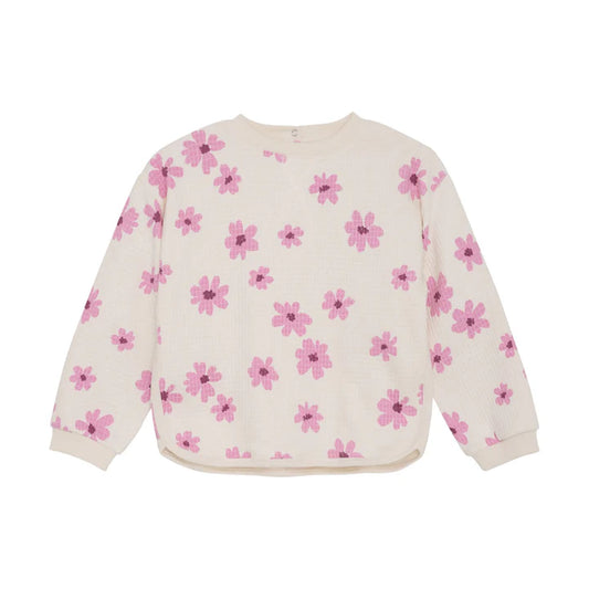 Beige Waffle Sweatshirt with Pink Daisies -Minymo