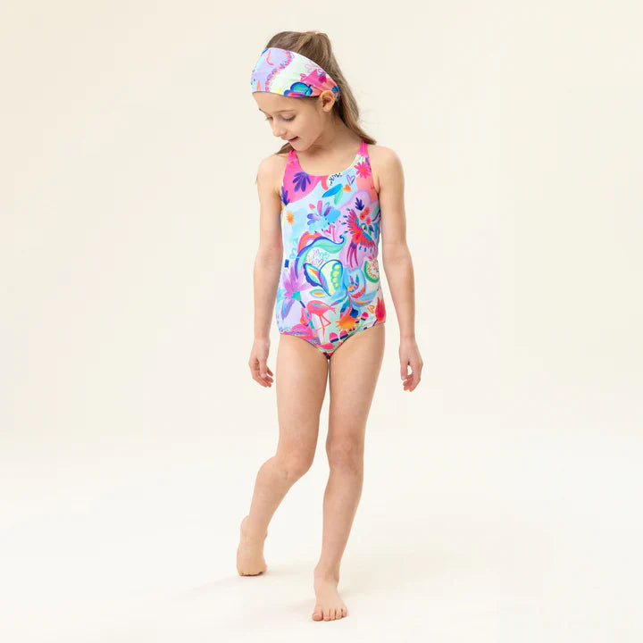 Pink and blue Floral/Birds/Hearts Girls One Piece Swimsuit-Nano