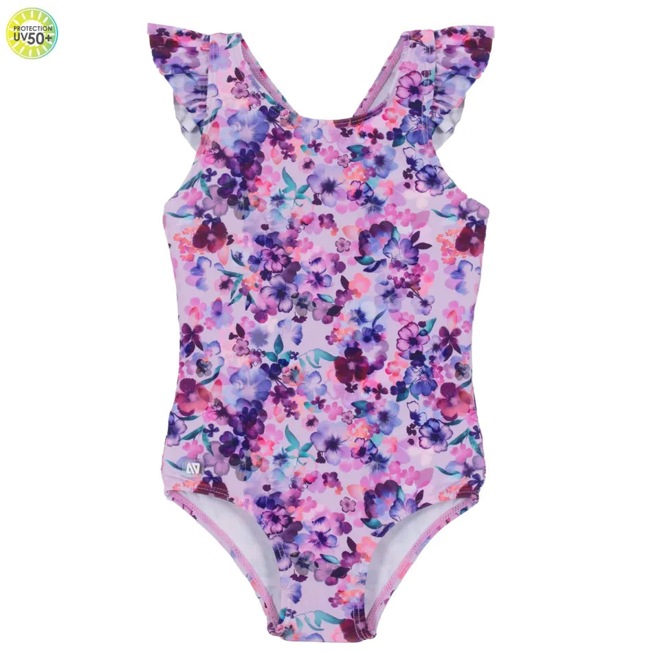 Mauve Floral One-Piece Swimsuit with Ruffle Sleeves-Nano