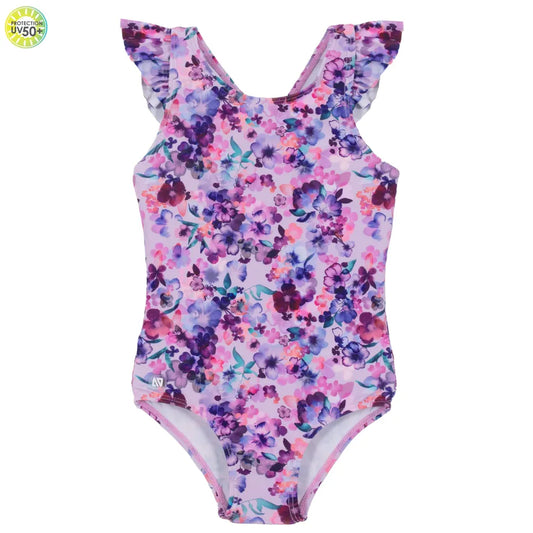 Mauve Floral One-Piece Swimsuit with Ruffle Sleeves-Nano