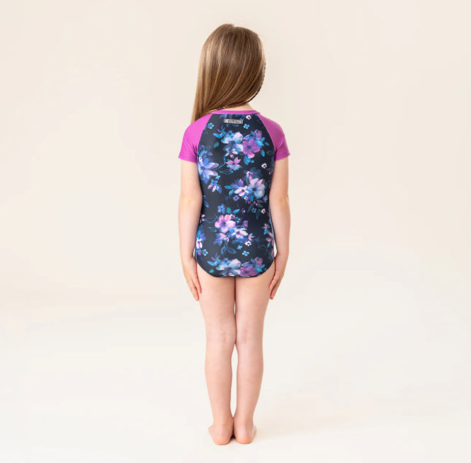 Girls Floral Navy One Piece UV Short Sleeve Swimsuit-Nano