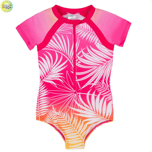 Pink Palm Branches Nano One-piece Rashguard Swim Suit