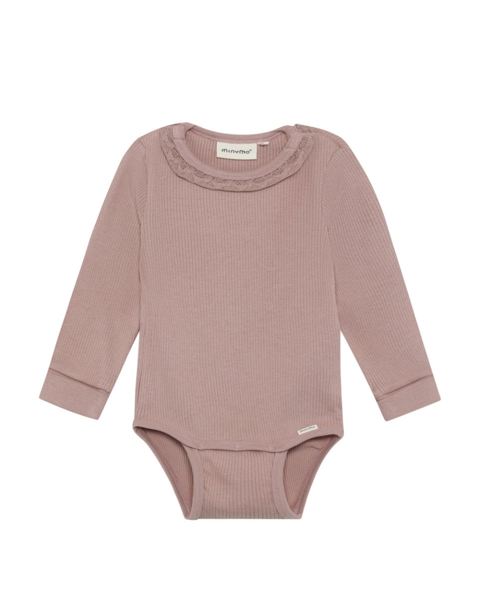 Dusty Blush Ribbed Long Sleeved Bodysuit In Cotton-MinyMo