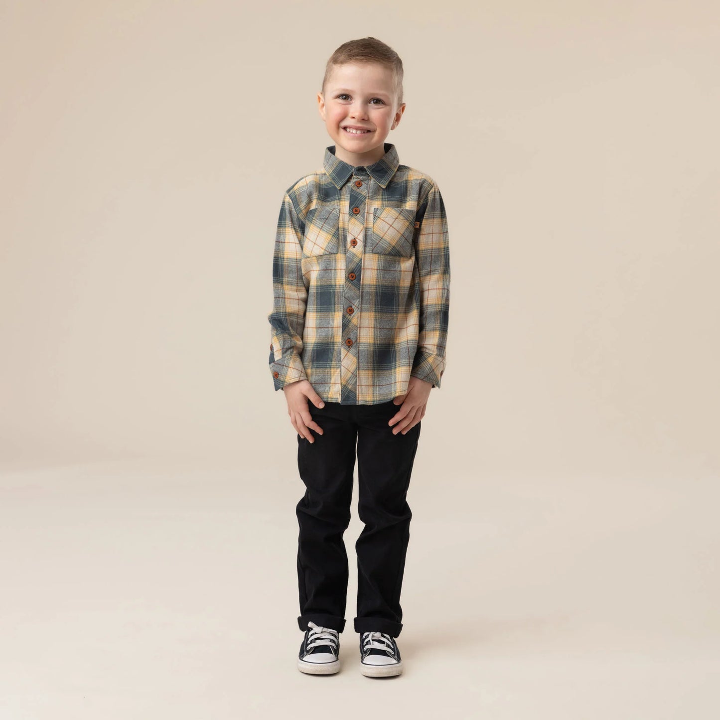 Wedge Blue and Tan Plaid Boy Shirt-Nano