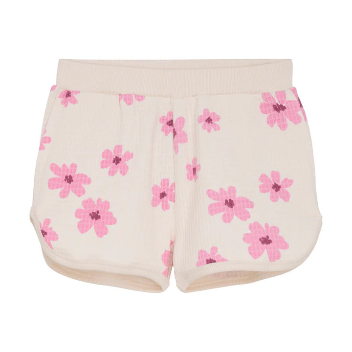 Cream Organic Waffle Cotton Girls with Pink Daisies Shorts-MinyMo