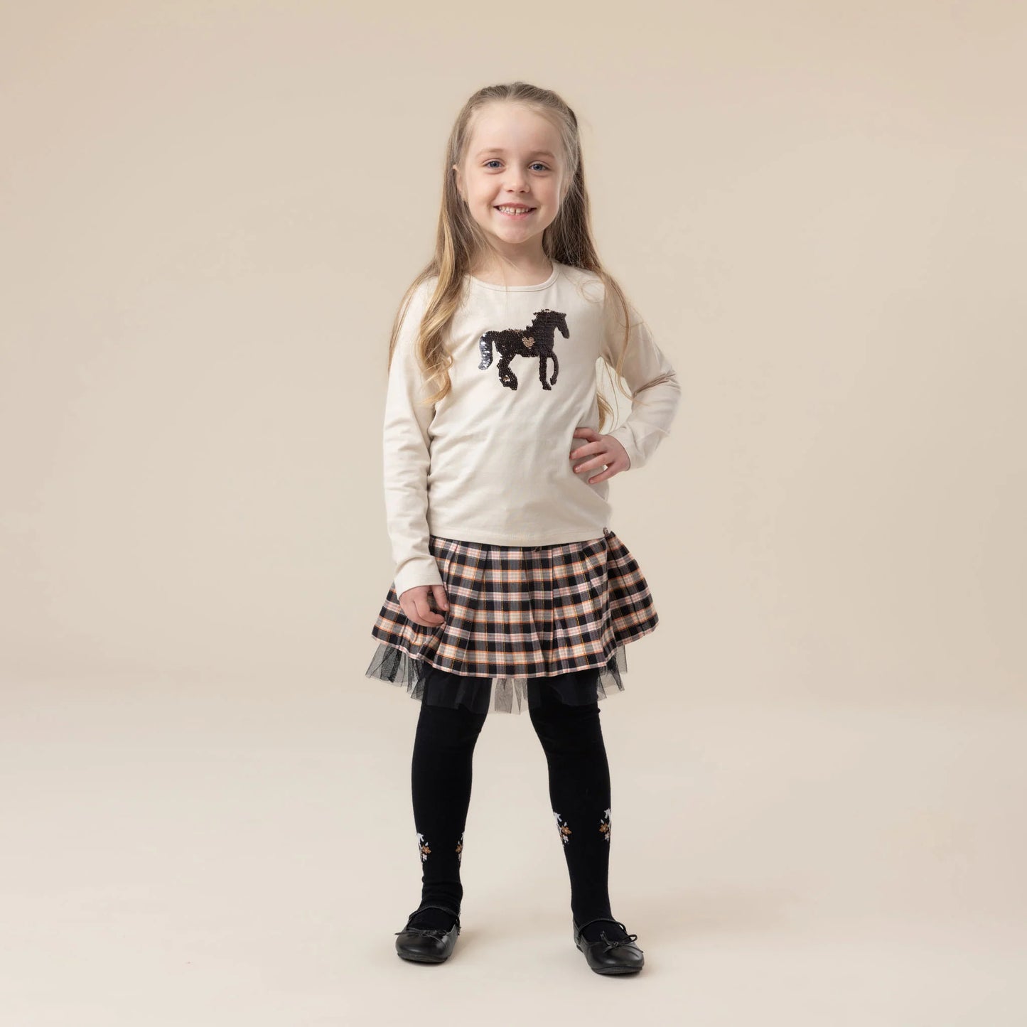 Black and Cream Plaid Skirt with Tulle Trim-Nano