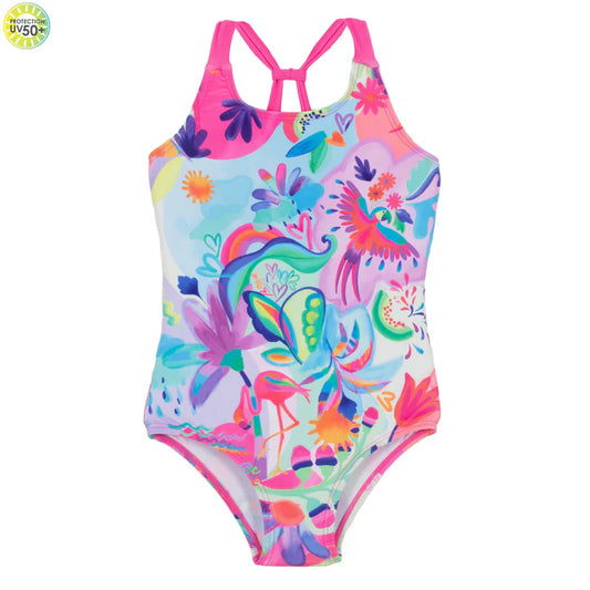 Pink and blue Floral/Birds/Hearts Girls One Piece Swimsuit-Nano