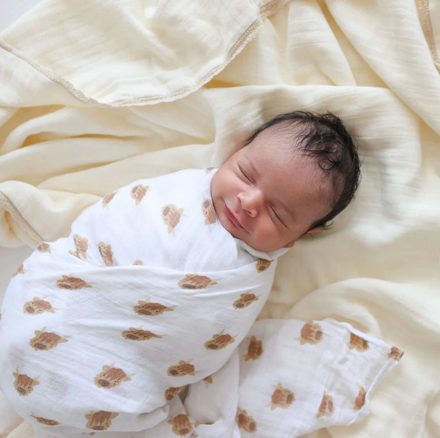 Highland Cow Cotton Muslin Swaddle Blanket 40x40-Lulujo