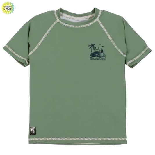 Green Palm Trees and Sun Rash Guard T Shirt Short Sleeve - Nano
