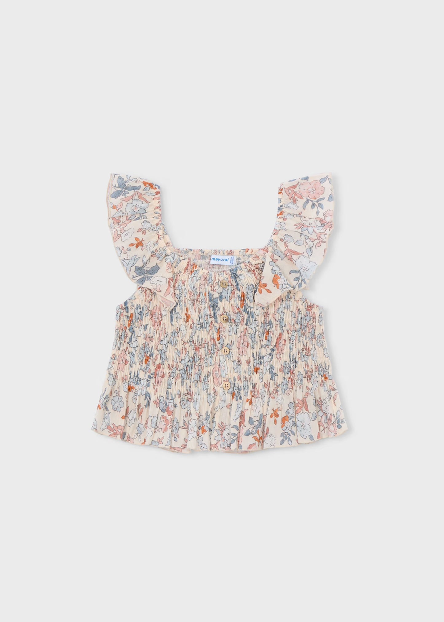 Girls Blue and Salmon Floral Printed Bambula Top - Mayoral