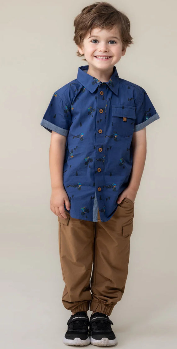 Boys Navy Bike Button Up Shirt-Nano