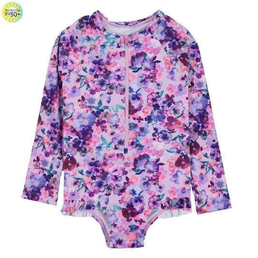 Mauve Floral One Piece-Long Sleeve Girls Swimsuit-Nano