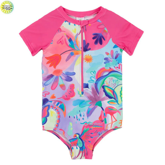 Short Sleeve One-piece swimsuit Pink and Blue Floral/Birds/Hearts - Nano