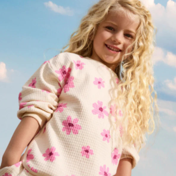 Beige Waffle Sweatshirt with Pink Daisies -Minymo