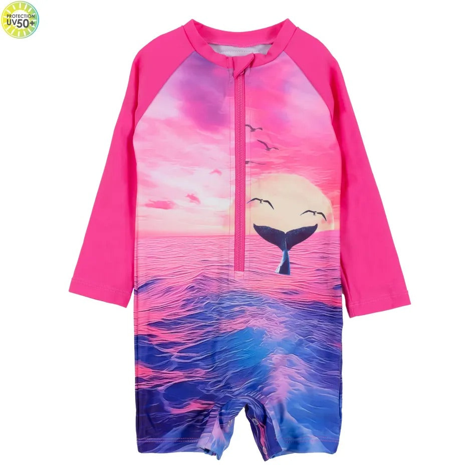 Pink Waves and Whales One-Piece Rashguard Swimsuit-Nano