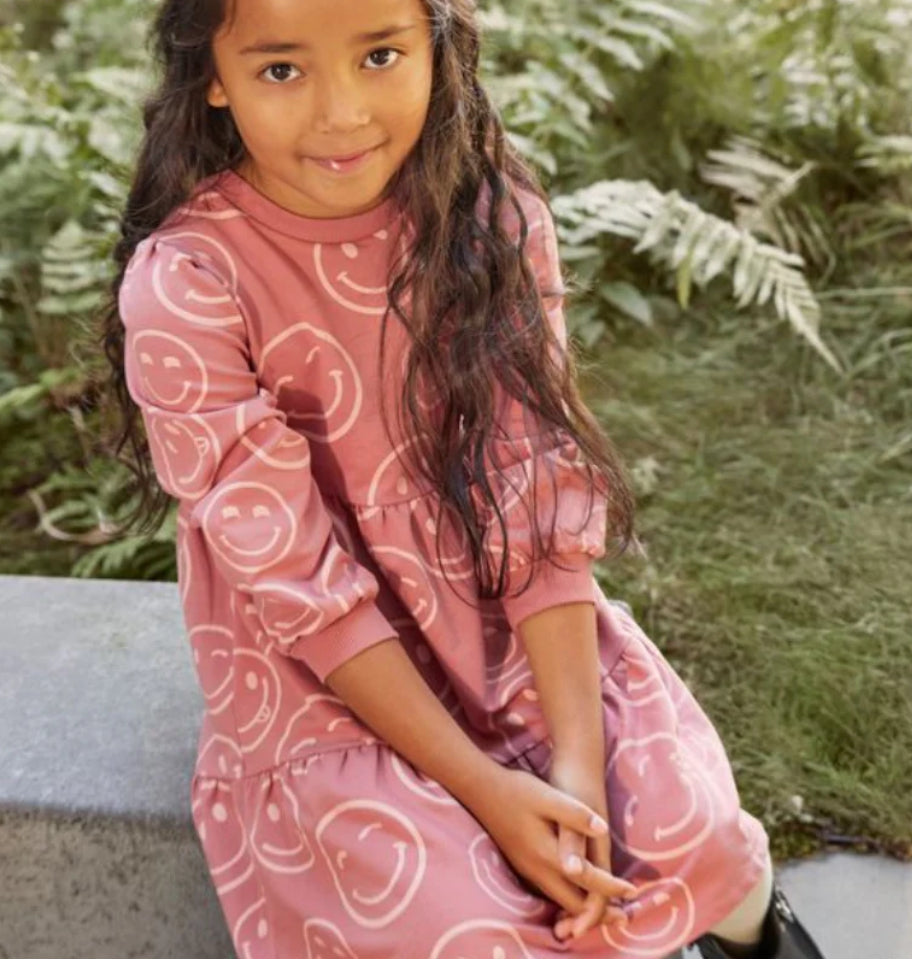 Rose Happy Face Sweatshirt Tiered  Dress-Minymo Organic Cotton