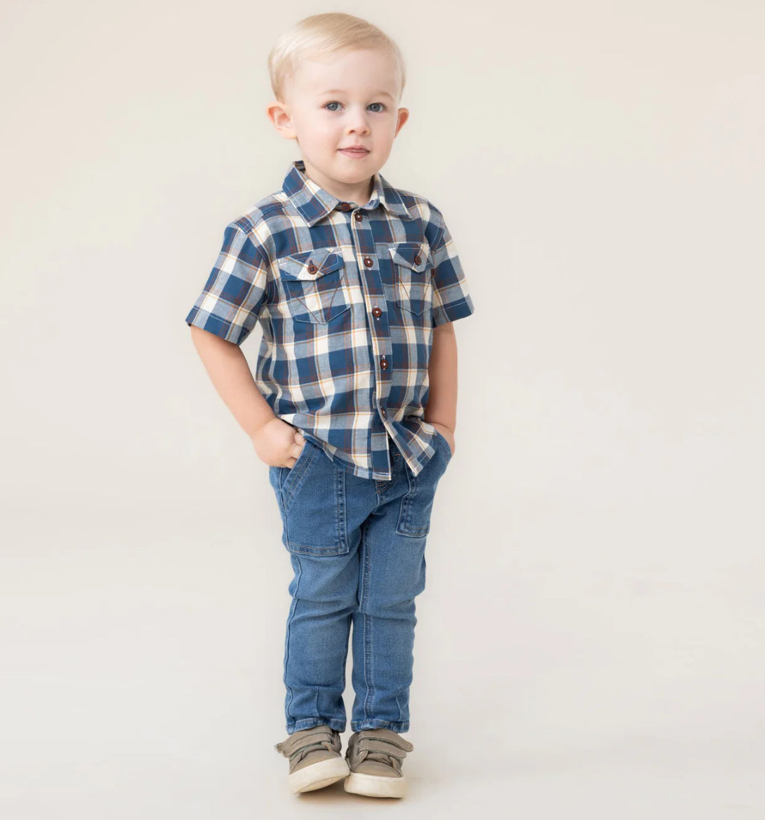 Baby Boy Blue Plaid Button Up Shirt-Nano