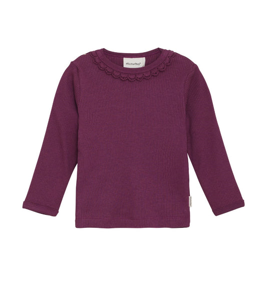 Baby Magenta Ribbed Long Sleeved Shirt with Lace Trim-MinyMo