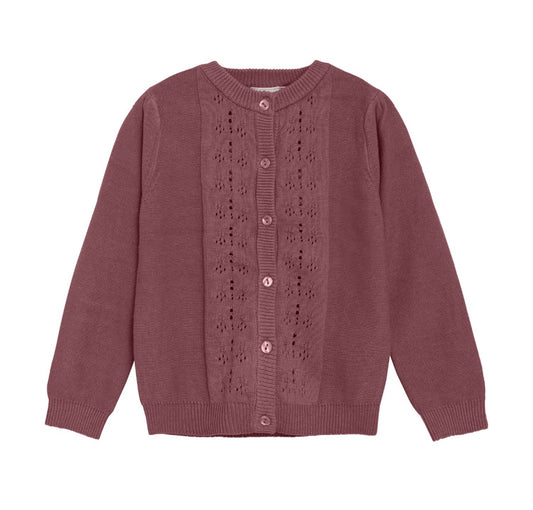 Muted Burgundy Knit Girls Cardigan with Embroidered Detail -Minymo