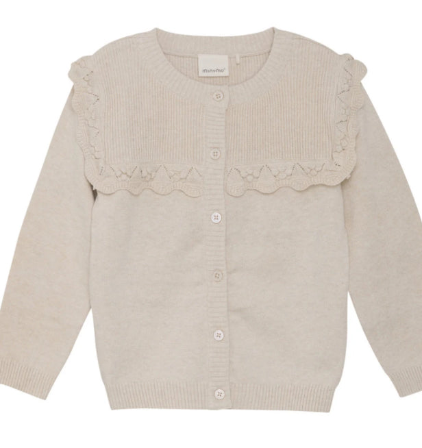 Organic Beige Cotton Knit Girls Cardigan with Embroidered Detail -Minymo