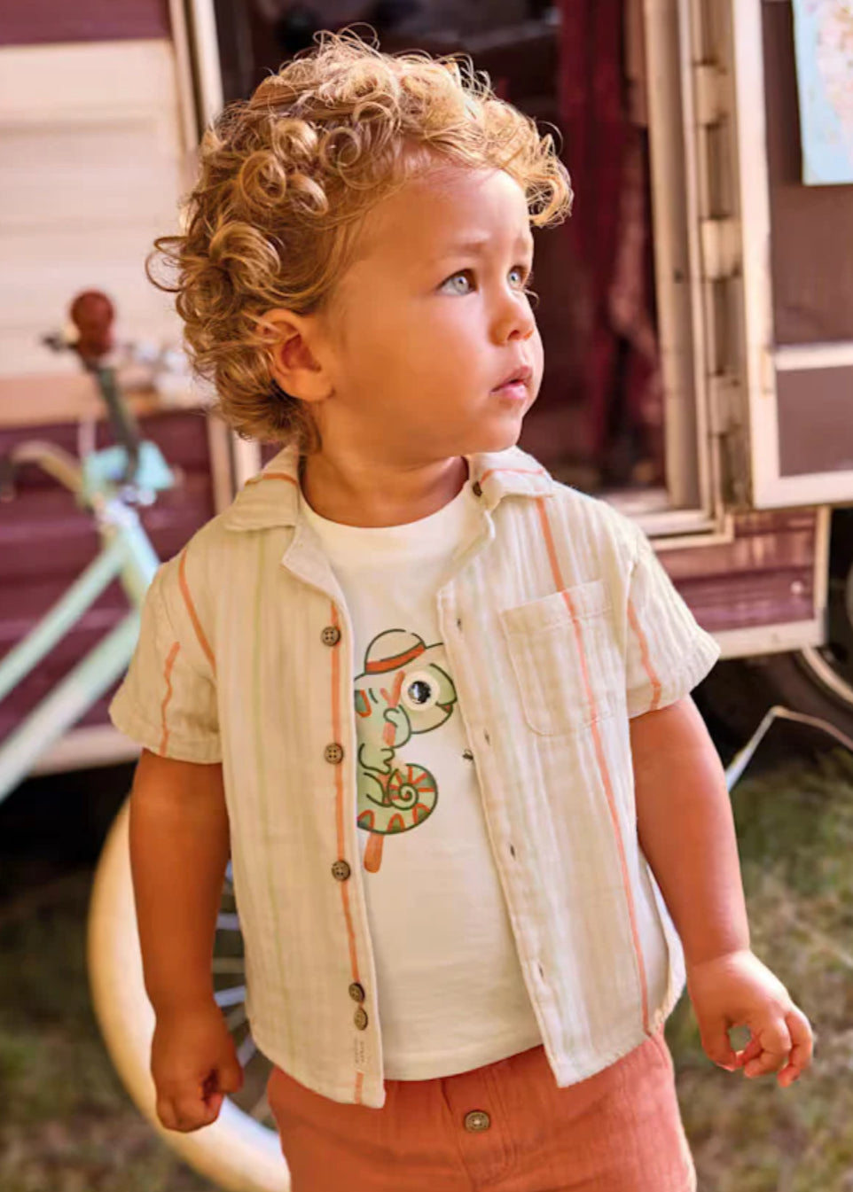Gauze Cream Striped Button Down Short Sleeve Top-Mayoral