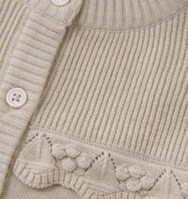 Organic Beige Cotton Knit Girls Cardigan with Embroidered Detail -Minymo