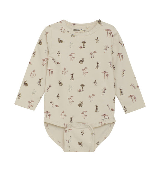 Mushroom Print Long Sleeved Striped Bodysuit In Organic Cotton-MinyMo