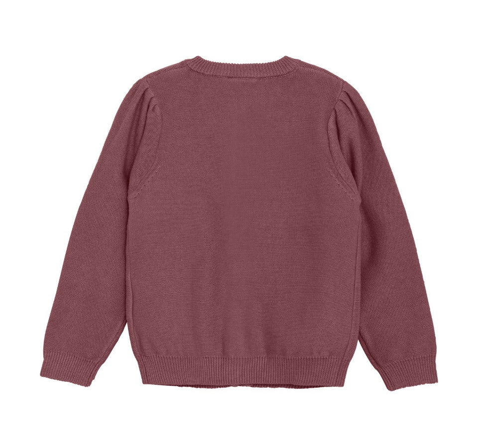 Muted Burgundy Knit Girls Cardigan with Embroidered Detail -Minymo