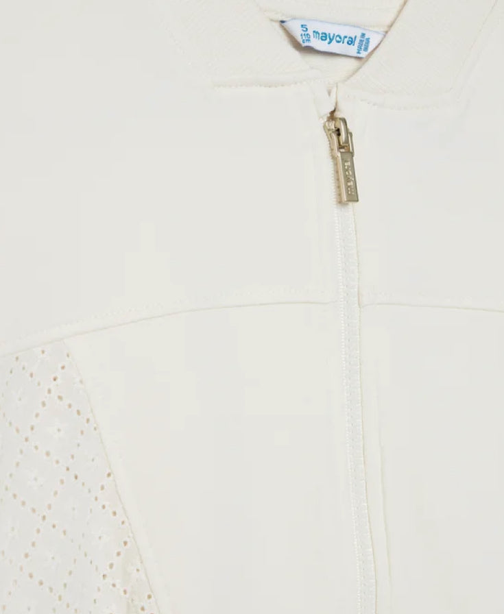Cream Cropped Eyelet And Knit Zip Up Sweater-Mayoral