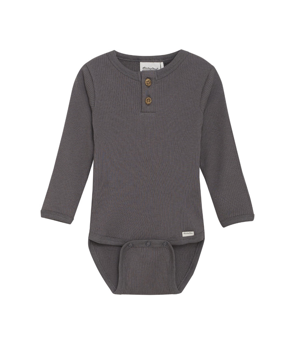 Solid Ribbed Cotton Body Suit Henley Style -Minymo -3 Colours