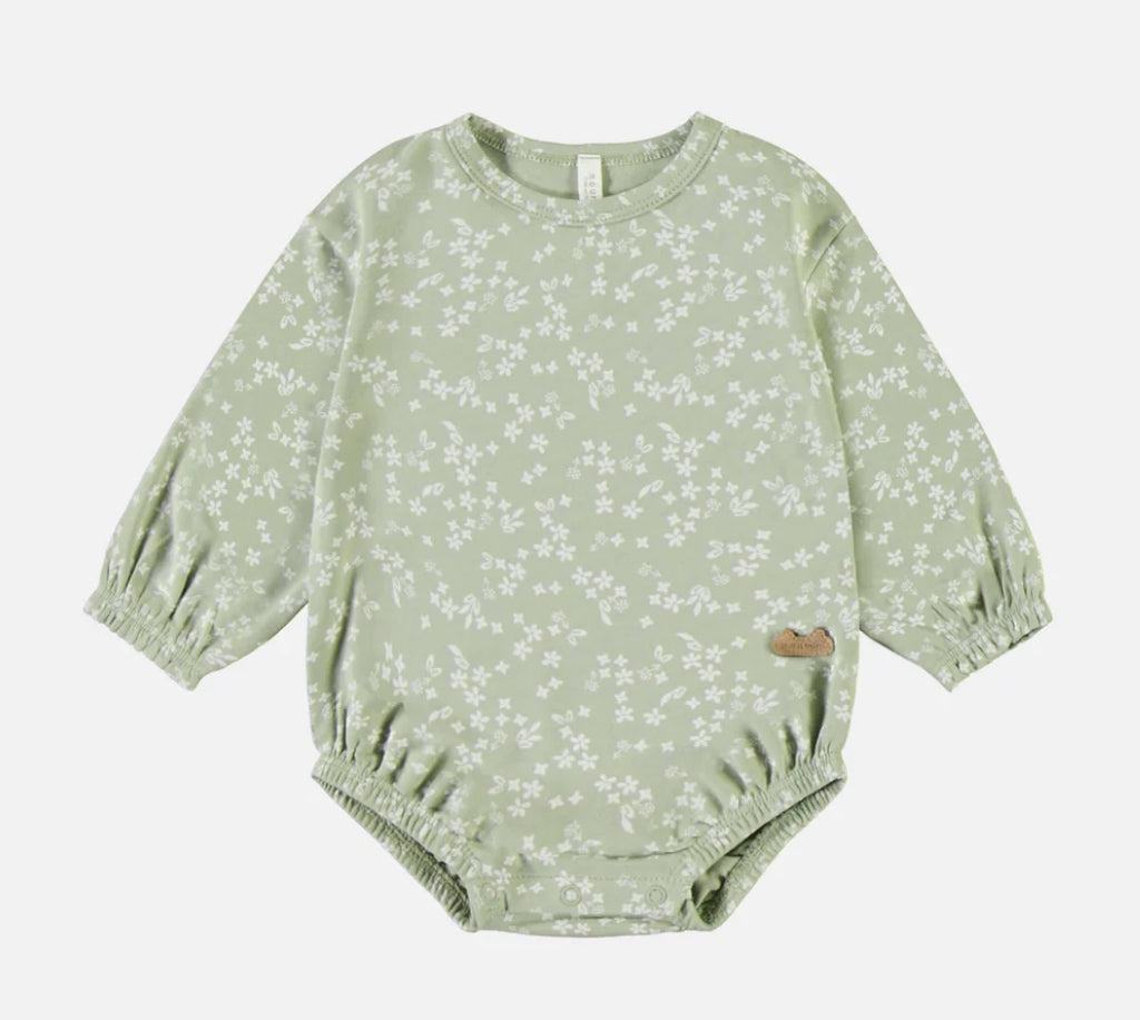 Sage Floral Long-Sleeved Bodysuit In Cotton Souris Mini