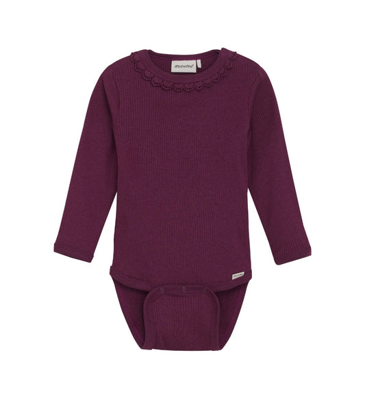Soft Ribbed Long Sleeved Bodysuit with Lace Trim In Cotton-MinyMo - 2 colours