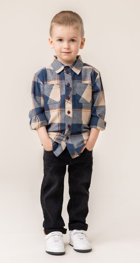 Wedge Blue and Tan Plaid Boy Shirt-Nano
