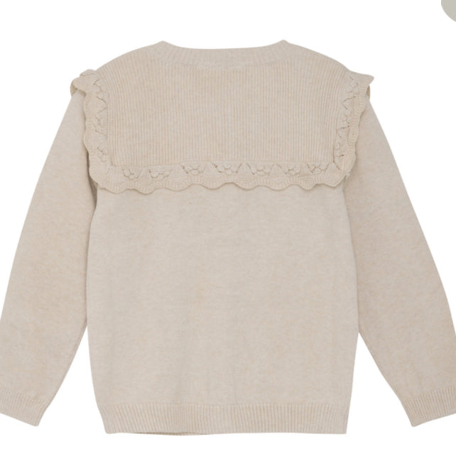 Organic Beige Cotton Knit Girls Cardigan with Embroidered Detail -Minymo