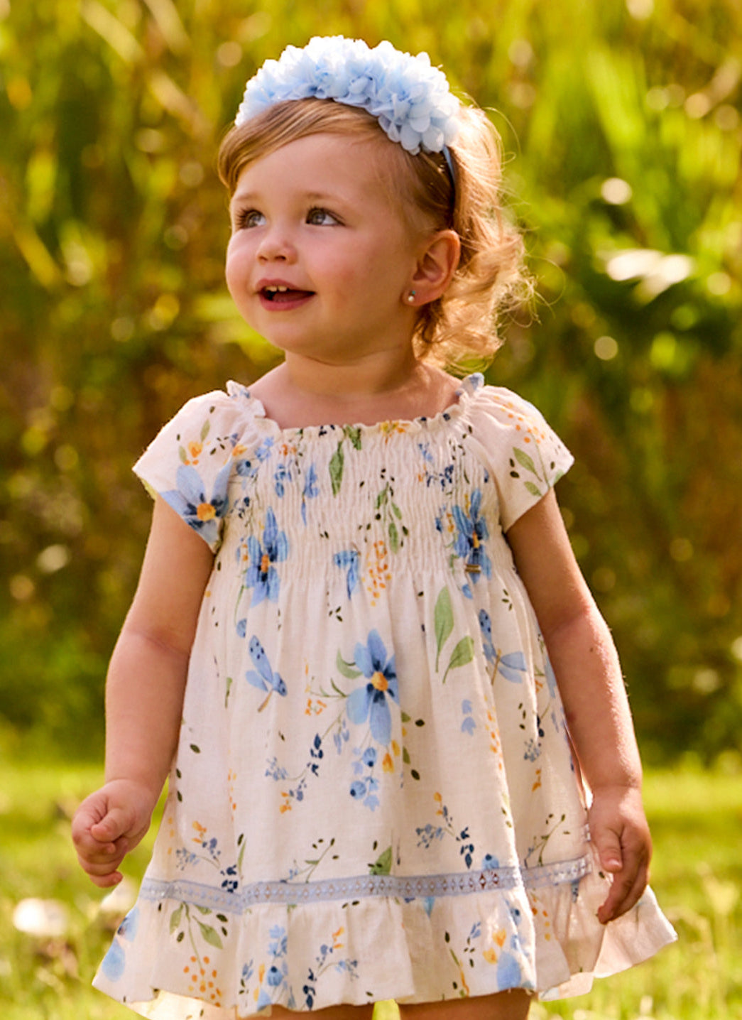 Cream and Blue Floral Printed Dress-Mayoral