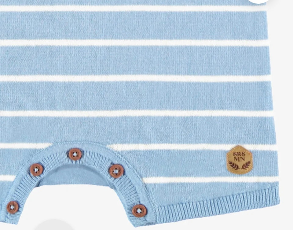 Blue and White Striped Polo Romper In Soft Knit-Souris Mini