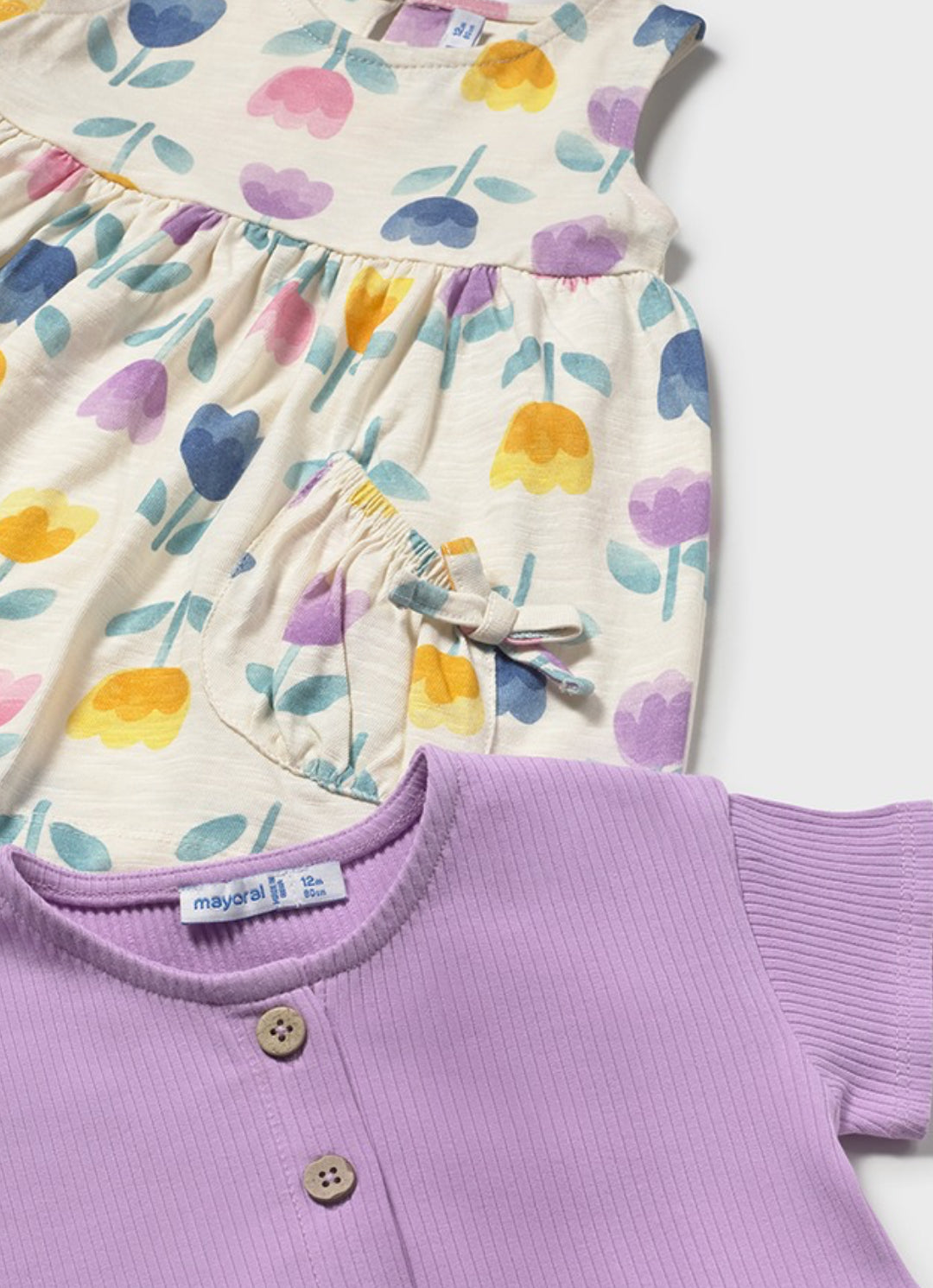 Two Piece Lilac Flower Dress with Short Sleeve Sweater-Mayoral