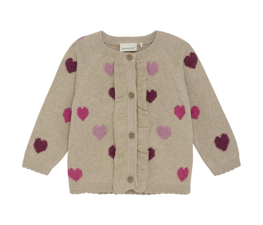 Cream Heart Knit Cardigan with Ruffle Trim-Minymo