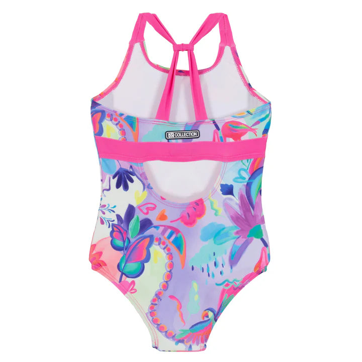 Pink and blue Floral/Birds/Hearts Girls One Piece Swimsuit-Nano