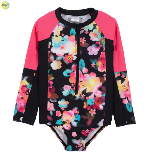 Black Floral One Piece-Long Sleeve Girls Swimsuit-Nano