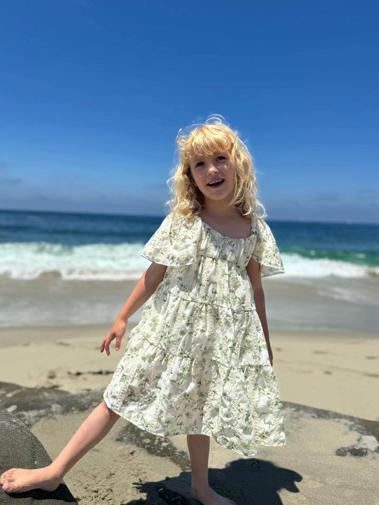 Sierra Dress - Green Print Eyelet - Vignette Girls