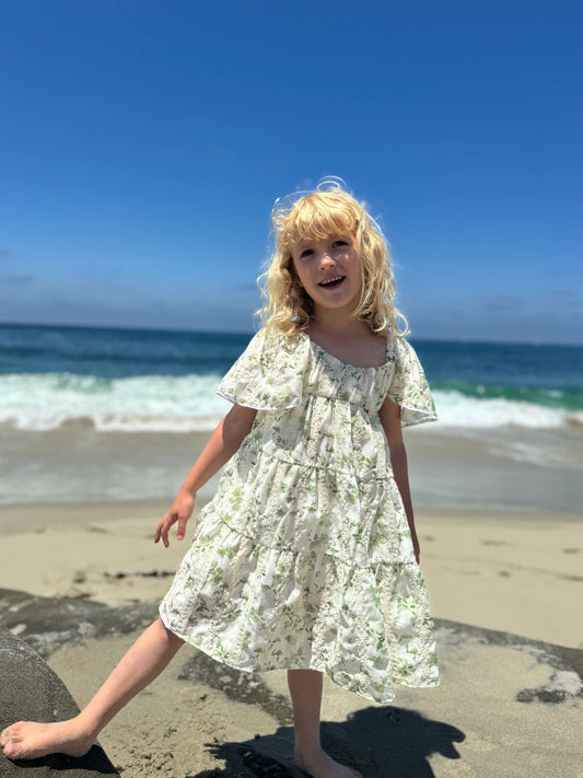 Sierra Dress - Green Print Eyelet - Vignette Girls