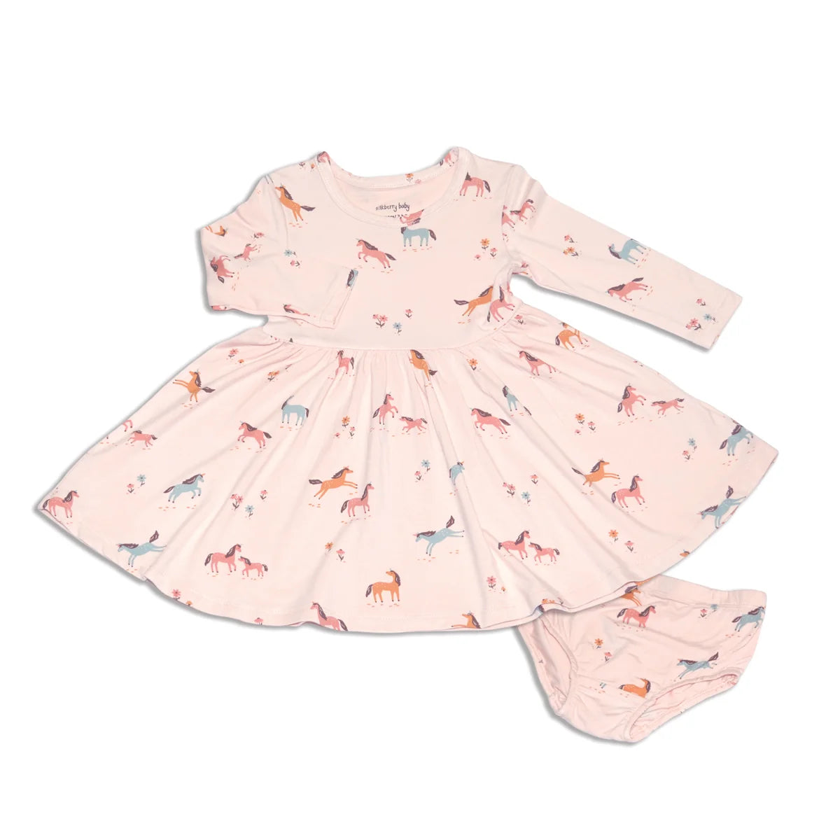 Pink Horses Bamboo Twirl Dress with Matching Underwear-Silkberry