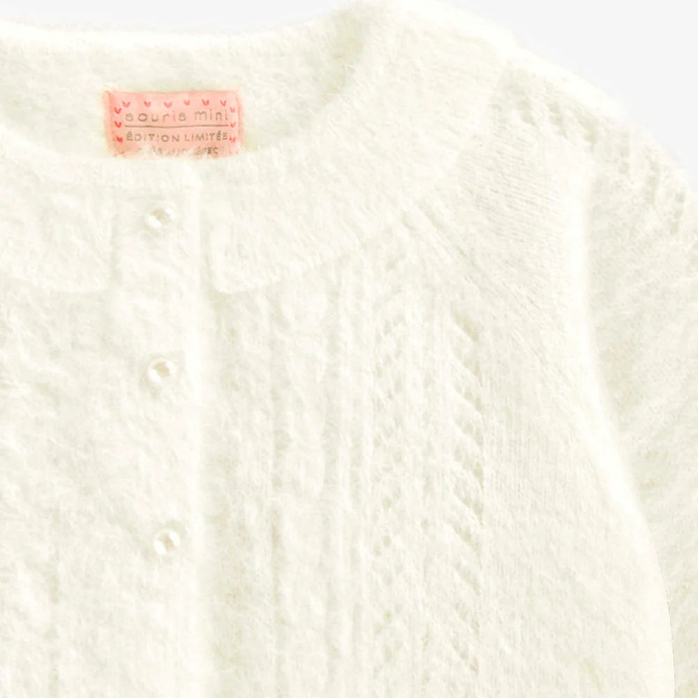 White Plush Baby Sweater with Scalloped Pearl Buttons -Souris Mini