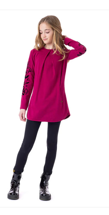 Magenta Knit Tunic with Velour Flowers -Nano