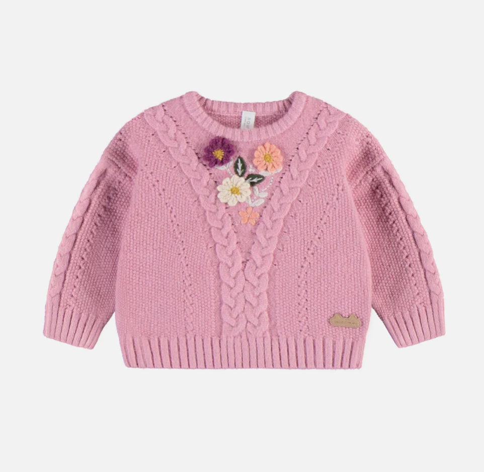 Pink Knitted Sweater With Floral Embroidery-Souris Mini