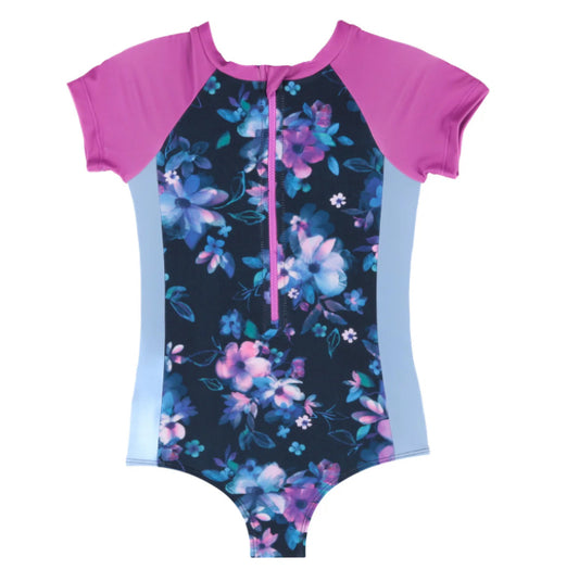Girls Floral Navy One Piece UV Short Sleeve Swimsuit-Nano