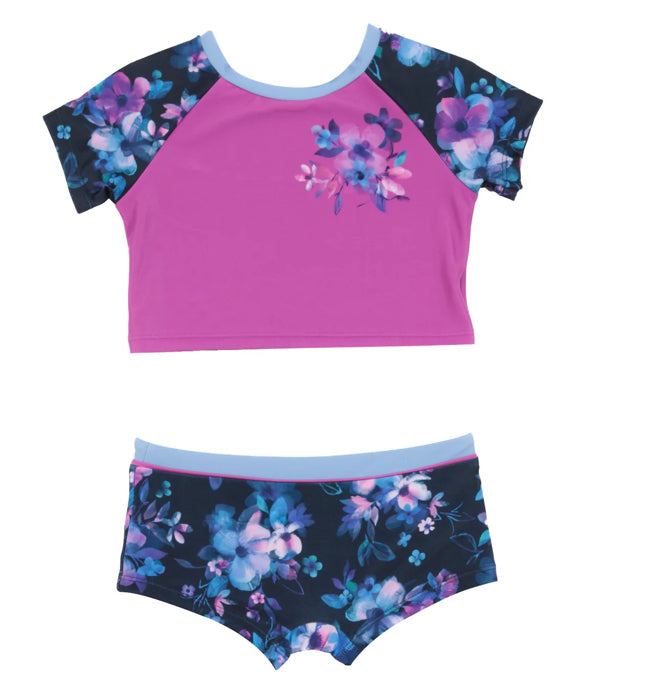 Girls Floral Purple Two Piece Short Sleeve UV Swimsuit-Nano